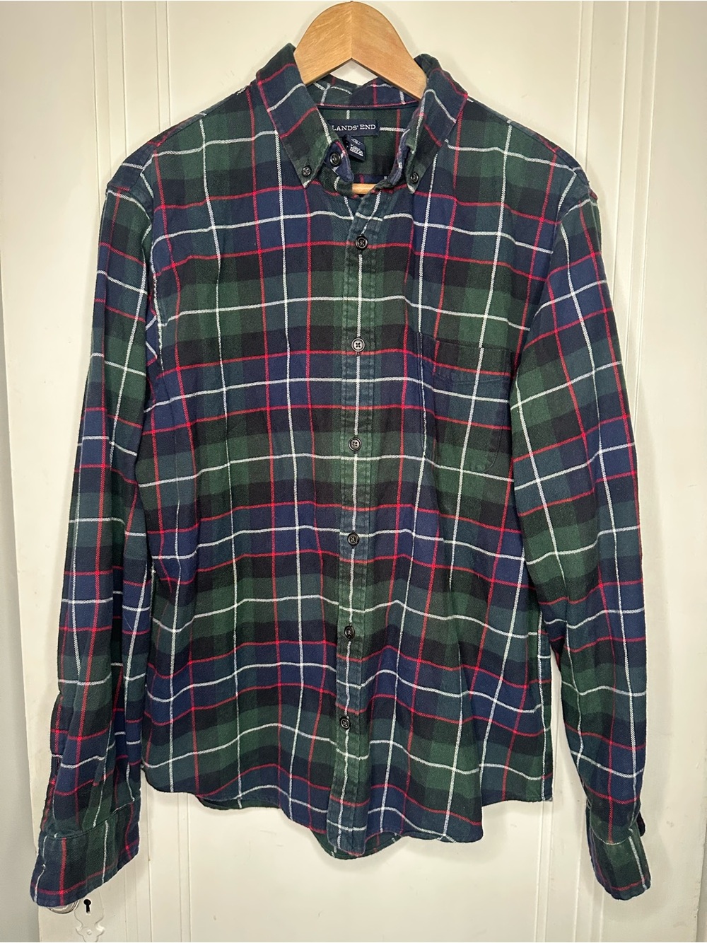 Lands' End Men's Navy & Green Plaid Button-Down Shirt Flannel 16-16.5 tailored